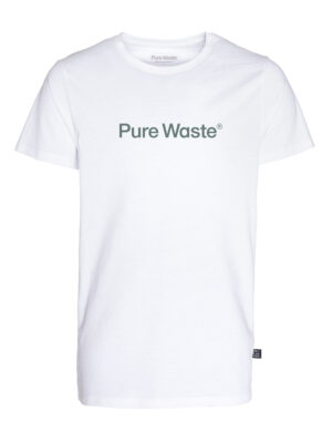 A white unisex T-shirt with a sage green logo print