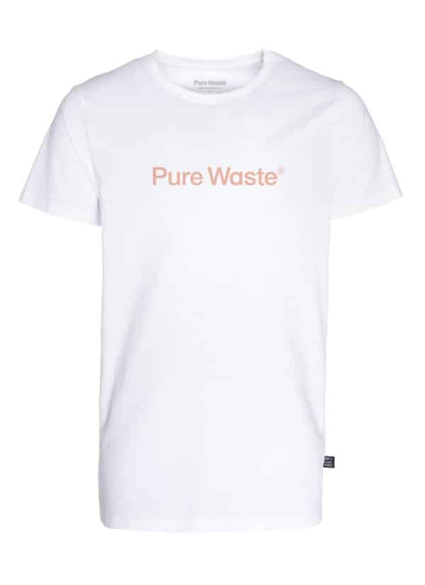 A white unisex T-shirt with a pink logo print