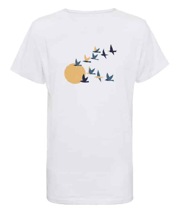 A white T-shirt featuring a bird print in the back and front.