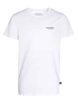 A white unisex T-shirt with a blue logo print