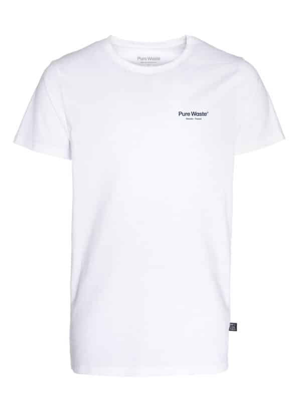 A white unisex T-shirt with a blue logo print
