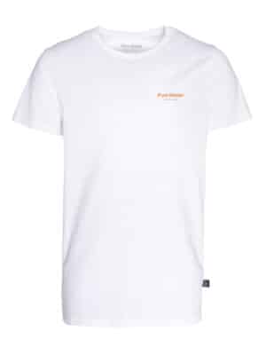 A white unisex T-shirt with a logo