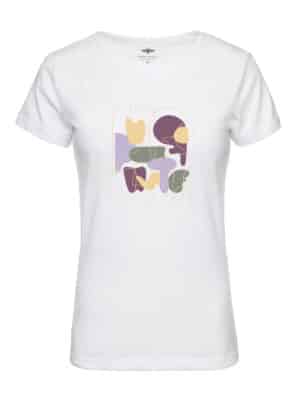 A women´s fitted T-shirt with a multicolor logo print