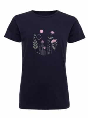 A women´s blue fitted T-shirt with a floral print