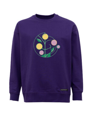 A womens purple sweatshirt with an abstract chestprint