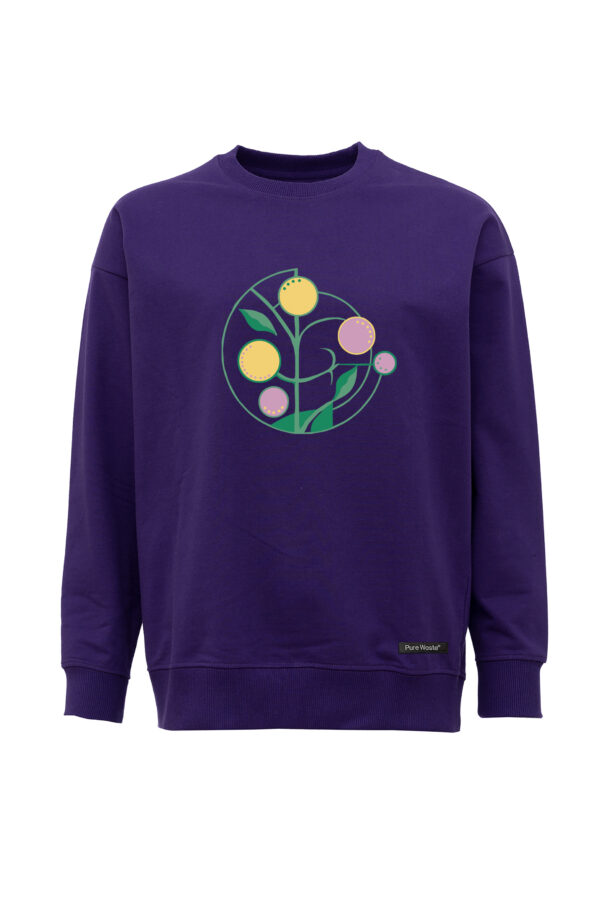 A womens purple sweatshirt with an abstract chestprint