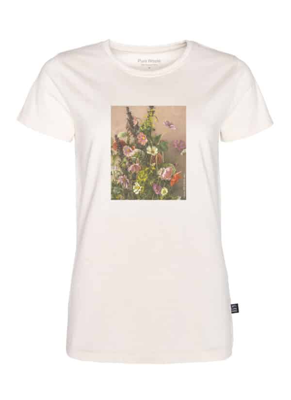 Naisten luonnonvalkoinen T-paita kukkapainatuksella