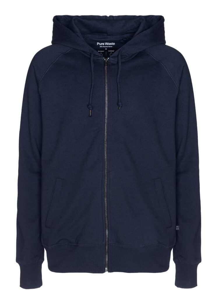 Pure Waste regular fit Men's unisex zip hoodie of recycled cotton with drawstring hood and raglan sleeves
